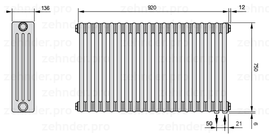 Схема (чертеж) Радиатор Zehnder Charleston 4075/20 №5510 Белый глянцевый RAL 9016